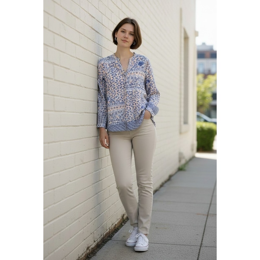 Carol Little Womens Blouse Size 1X Cotton Boho Floral Blue Peach Popover